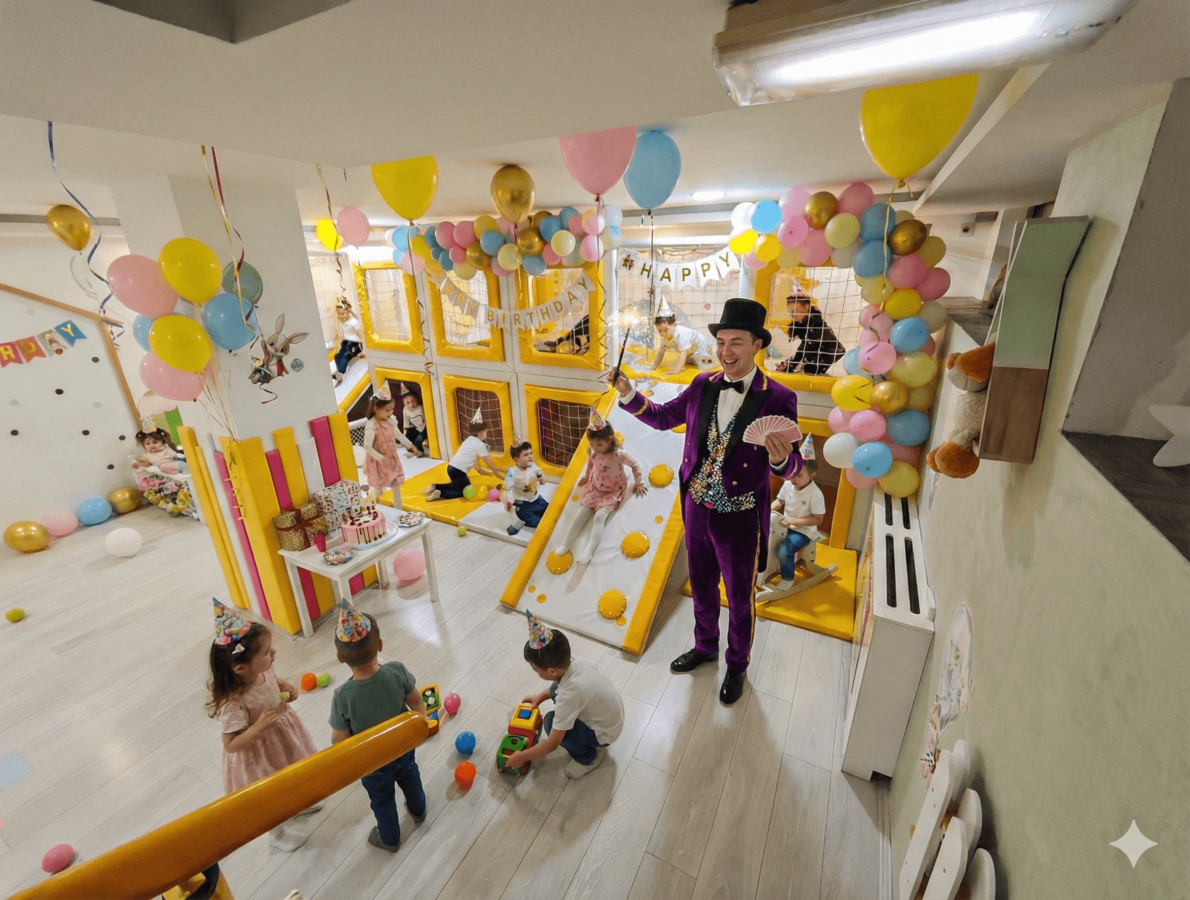 Aktivnosti i igre za decu u rodjendaonici Jabadabadoo Novi Sad - unutrašnji prostor sa igraonicom, mađioničarska predstava i show program za dečije rodjendane